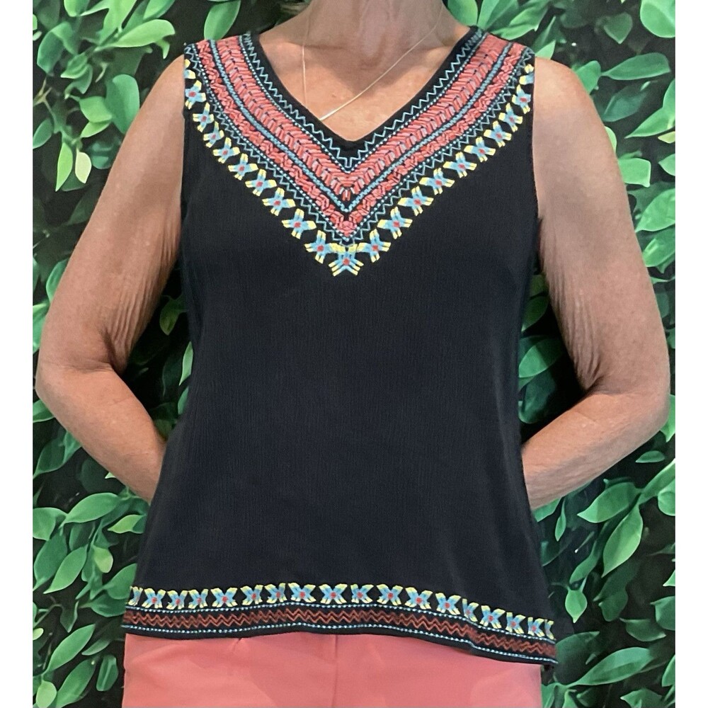 🖤 Skies Are Blue Black Embroidered V-Neck Top – Size Large - Picture 1 of 8